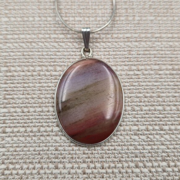 18 Inch Sterling Silver Large Banded Agate Stone Necklace B847 - Picture 3 of 7